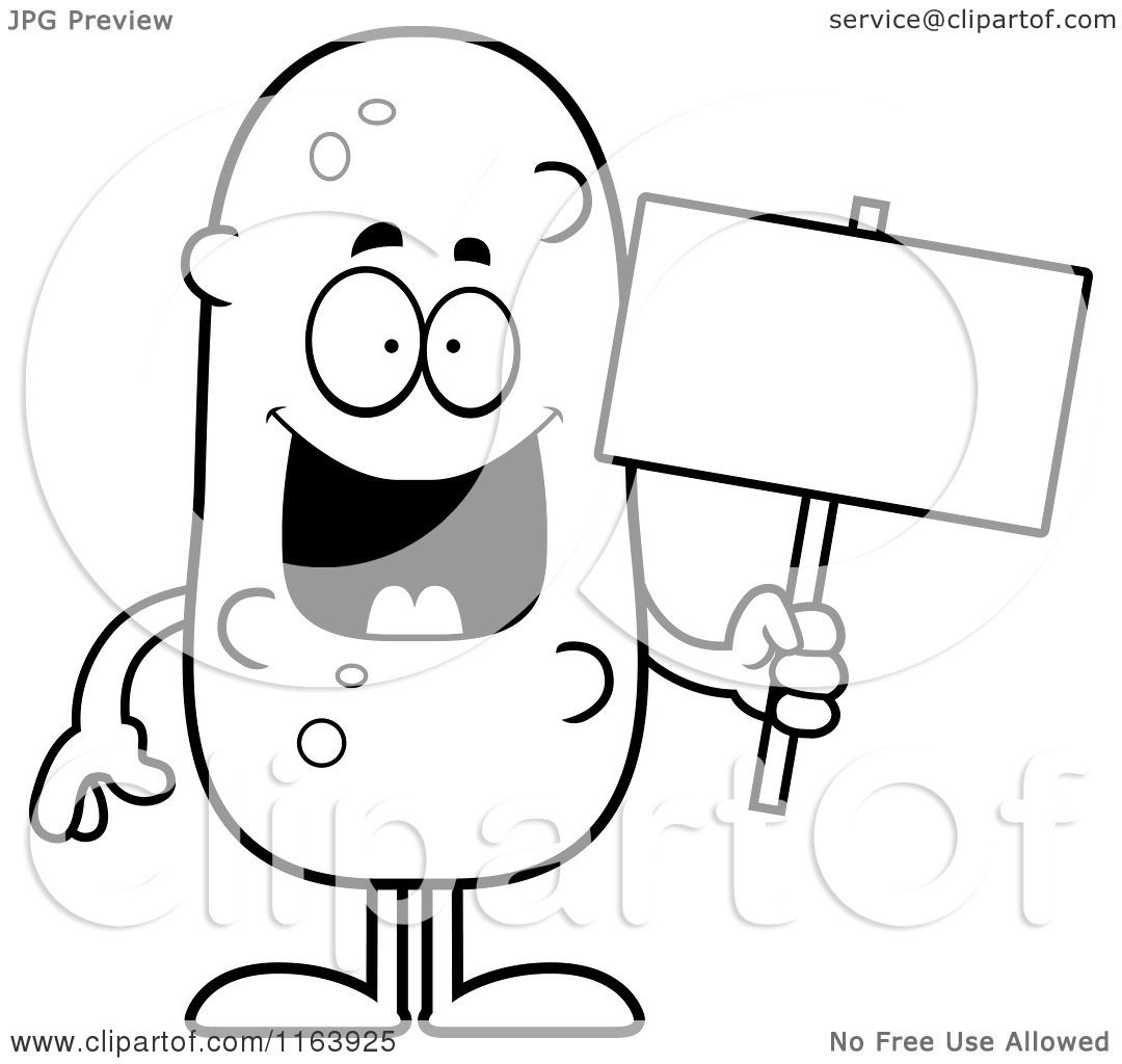 Cartoon of a pickle mascot holding a sign