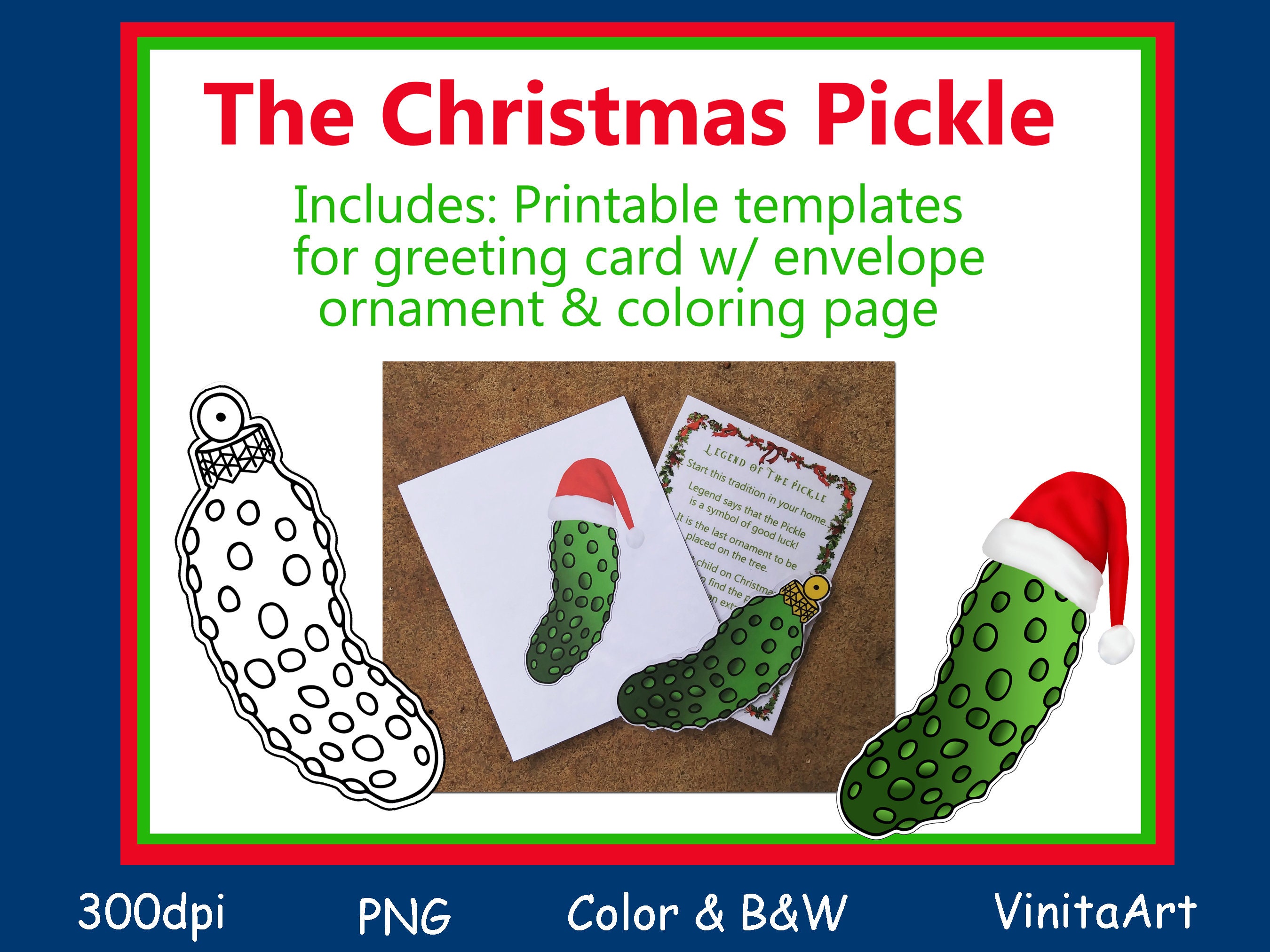 Printable the christmas pickle legend coloring page ornament and greeting card w envelope