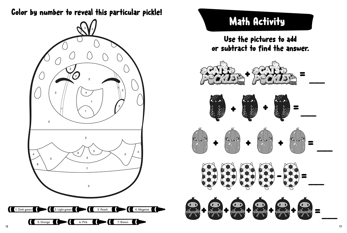 Cats will battle pickles in the cats on the run coloring activity book