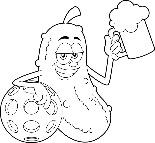 Premium vector outlined funny pickle cartoon character with pickleball ball holding a glass of beer