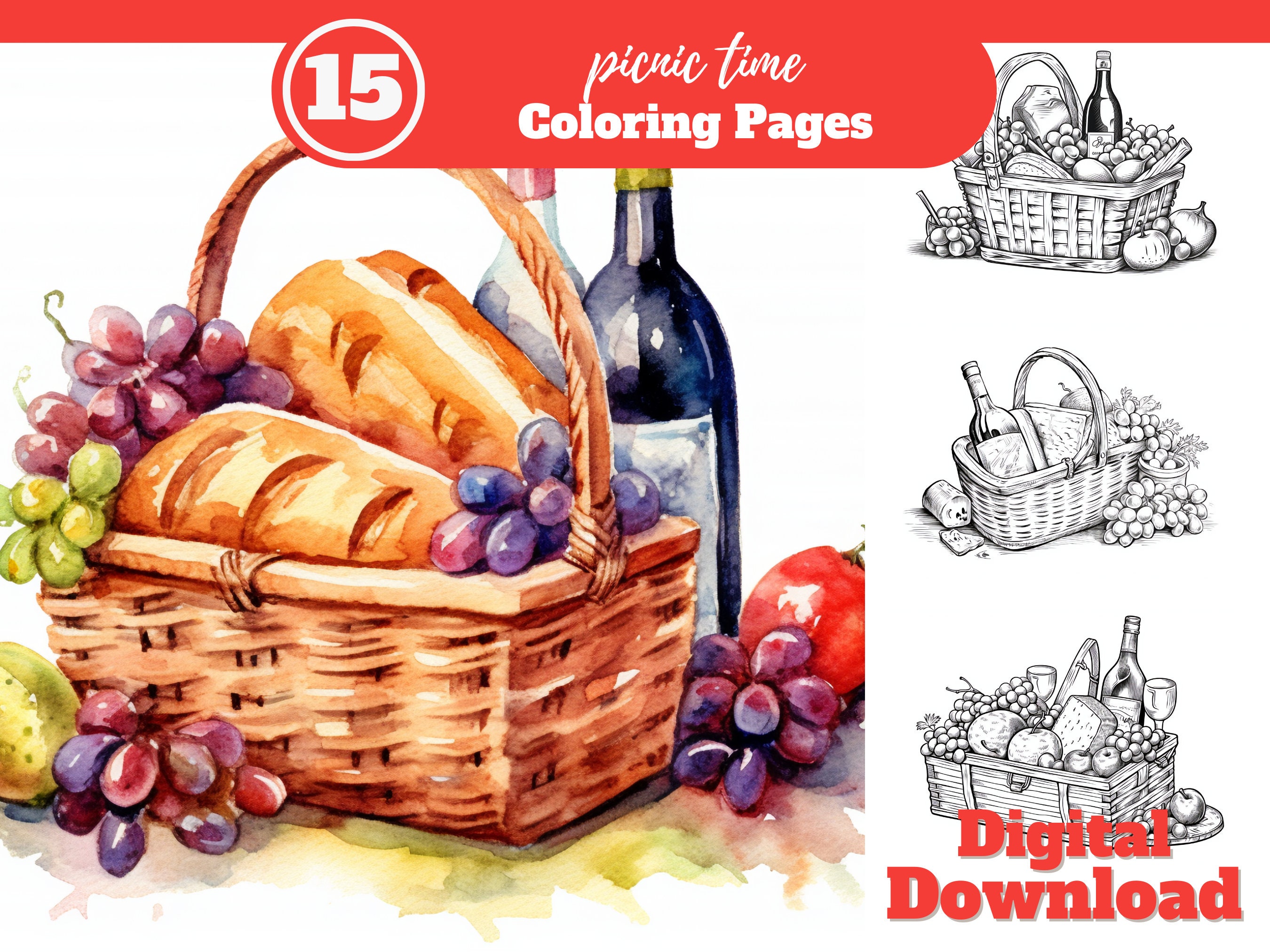 Picnic basket coloring pages digital download perfect for food coloring enthusiasts