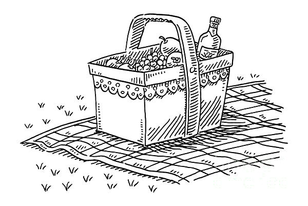 Picnic basket with fruits and a bottle of wine drawing beach towel by frank ramspott