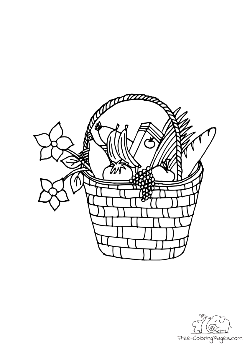 Coloring page picnic basket with baguette fruits begetables and flowers