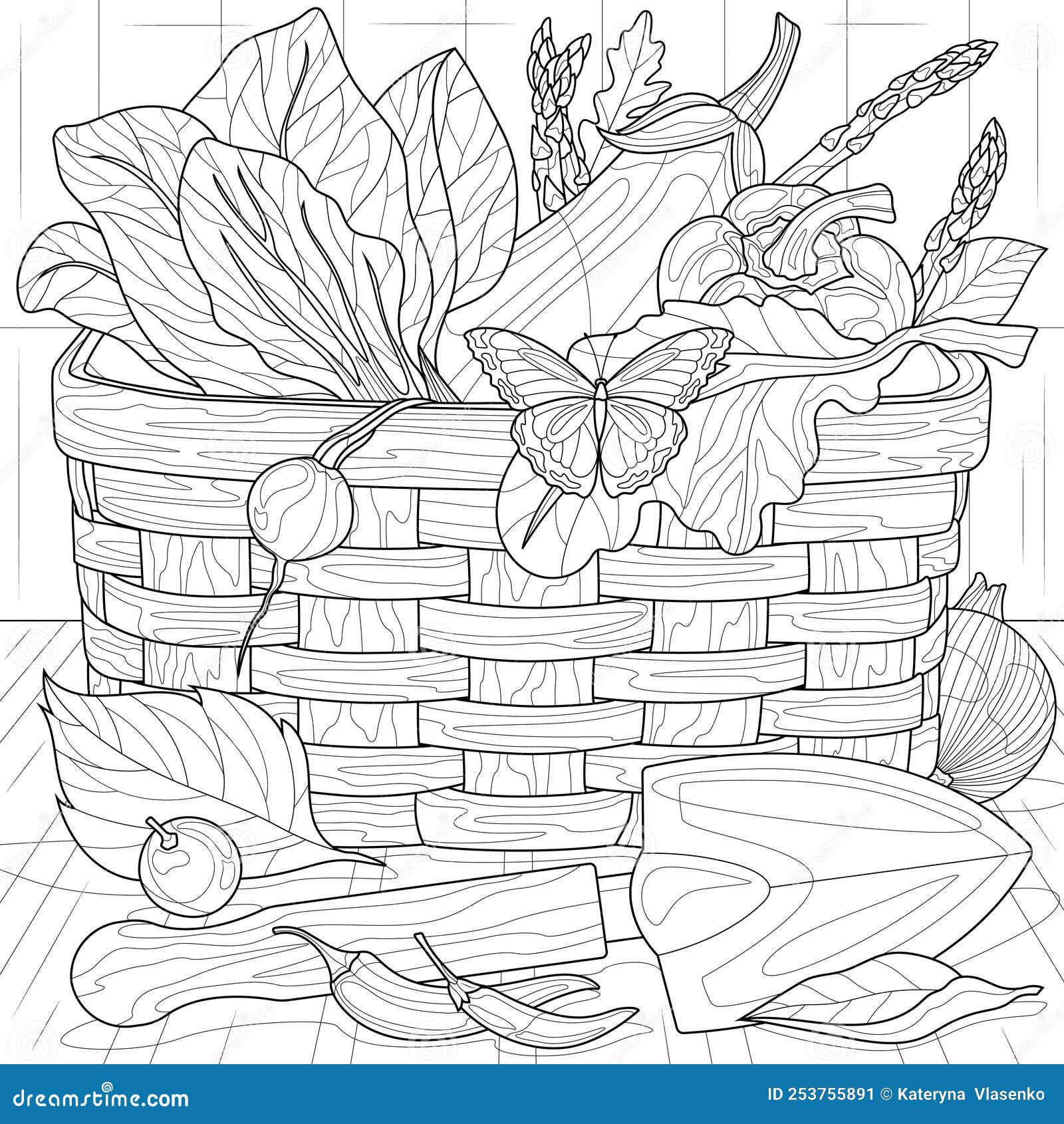 Harvest basketvegetables in a basketcoloring book antistress for children and adultszen