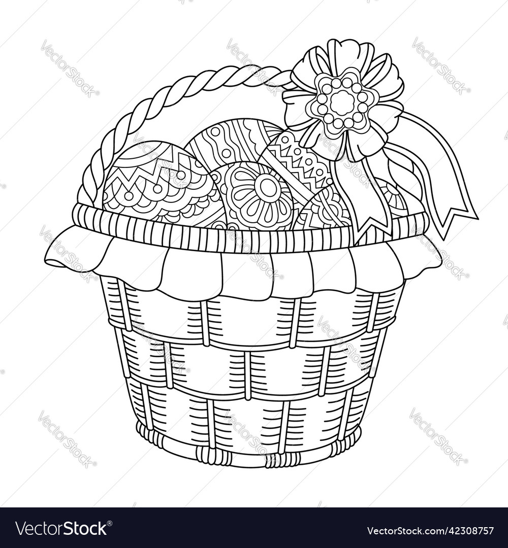 Coloring page with easter basket and eggs vector image