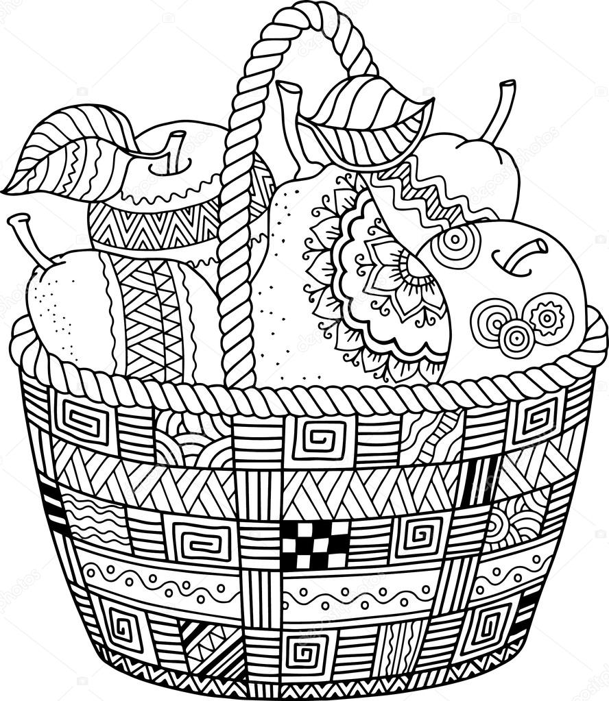 Vector coloring book for adult thanksgiving day basket of apples stock vector by natasha