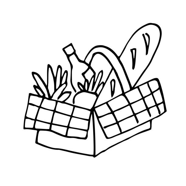 Picnic basket with products vector drawing in doodle style breakfast in nature picnic with fresh bread and fruit stock illustration