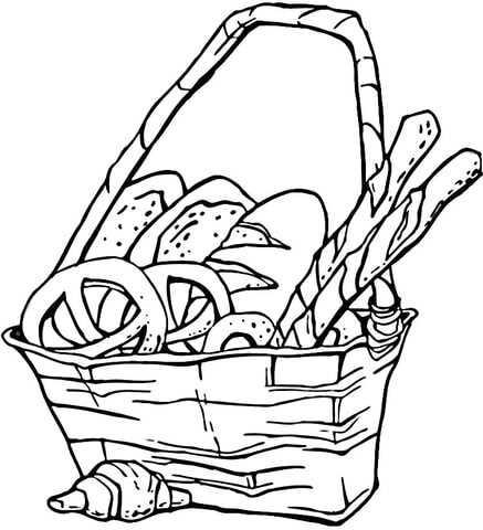 Coloring pages basket of pretzels and bread coloring page