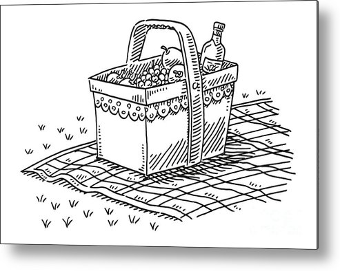 Picnic basket with fruits and a bottle of wine drawing metal print by frank ramspott