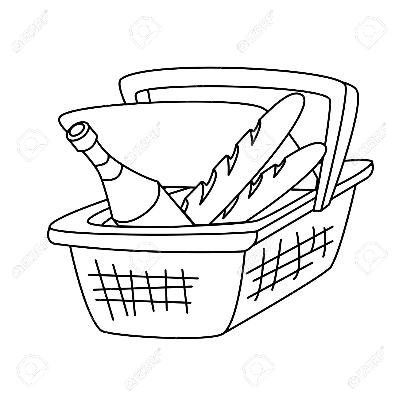 Picnic basket with a bottle of wine and a loaf of bread royalty free svg cliparts vectors and stock illustration image