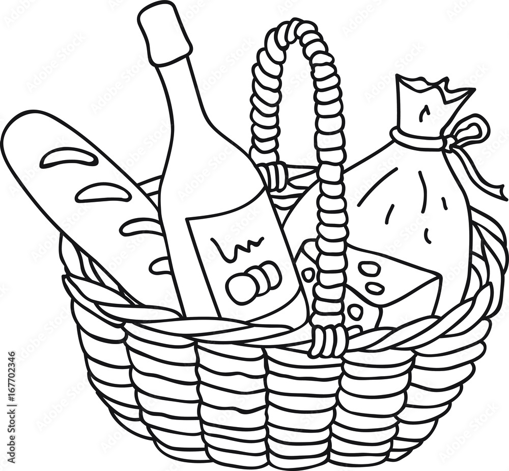 Hand drawn picnic basket with food wine cheese baguette vector illustration coloring page logo design template vector