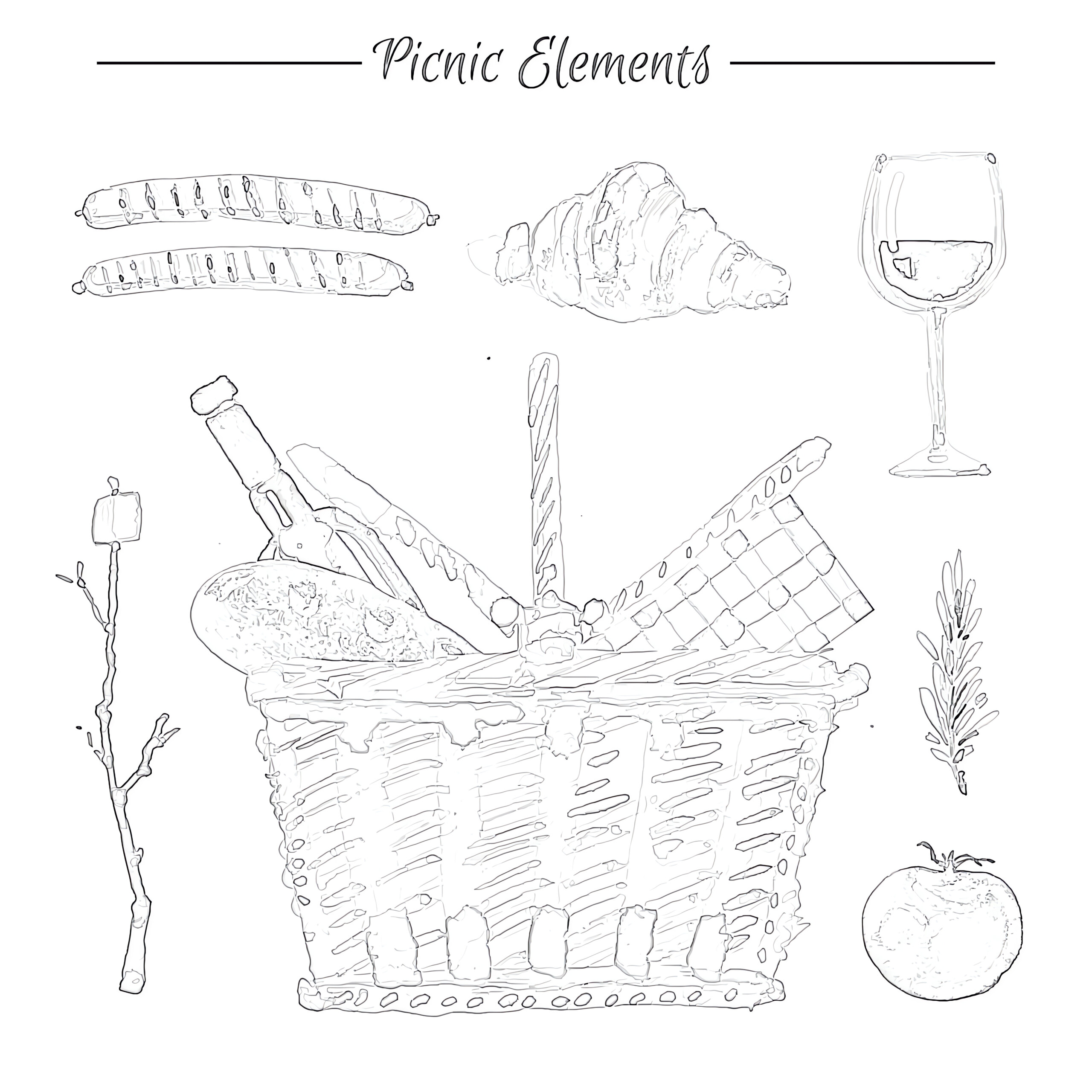 Basket with picnic elements coloring page