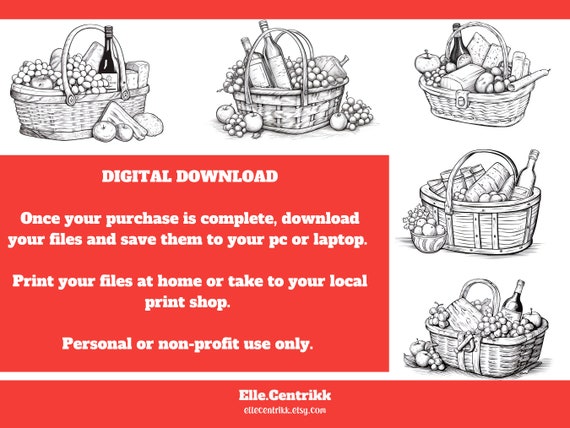 Picnic basket coloring pages digital download perfect for food coloring enthusiasts