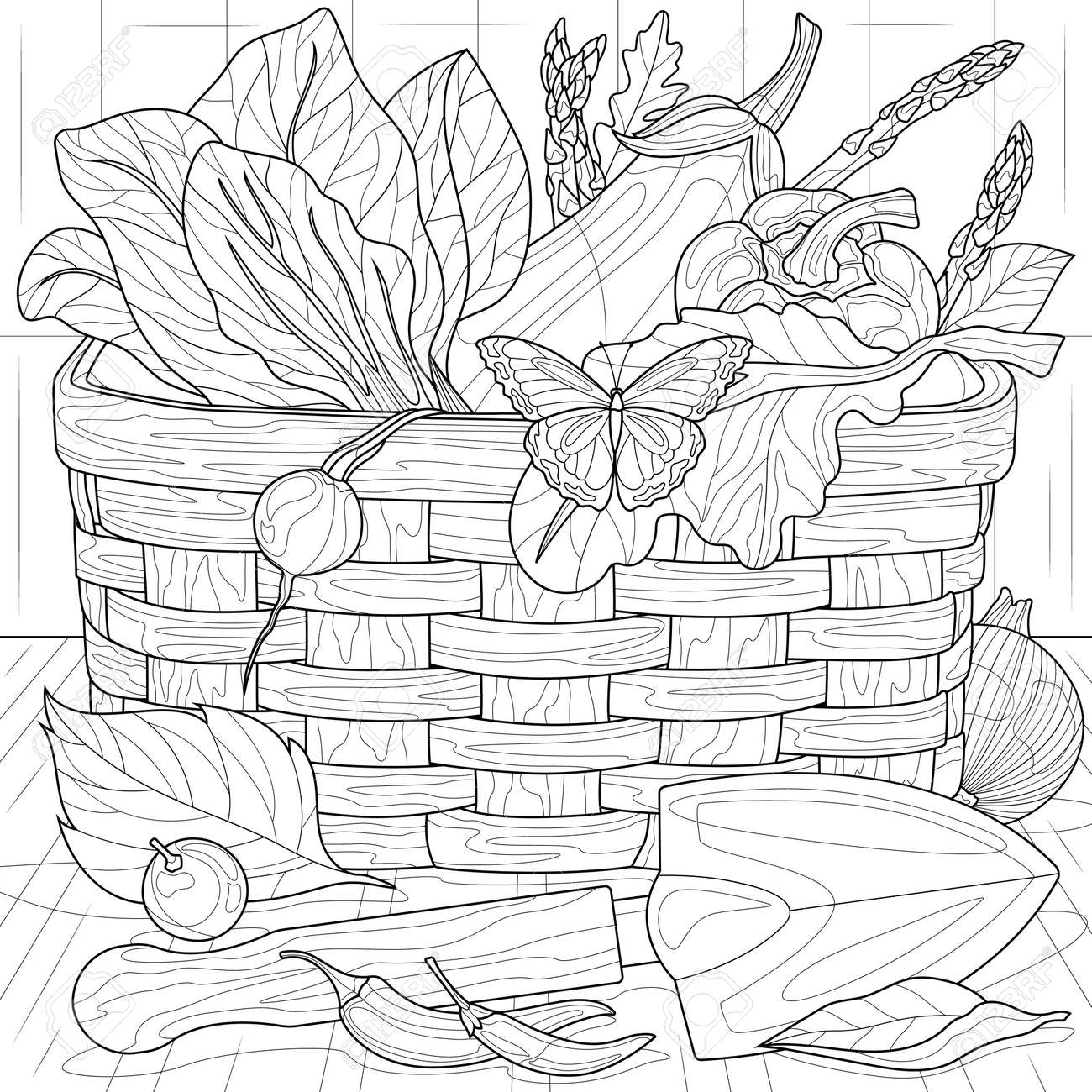 Harvest basketvegetables in a basketcoloring book antistress for children and adultszen