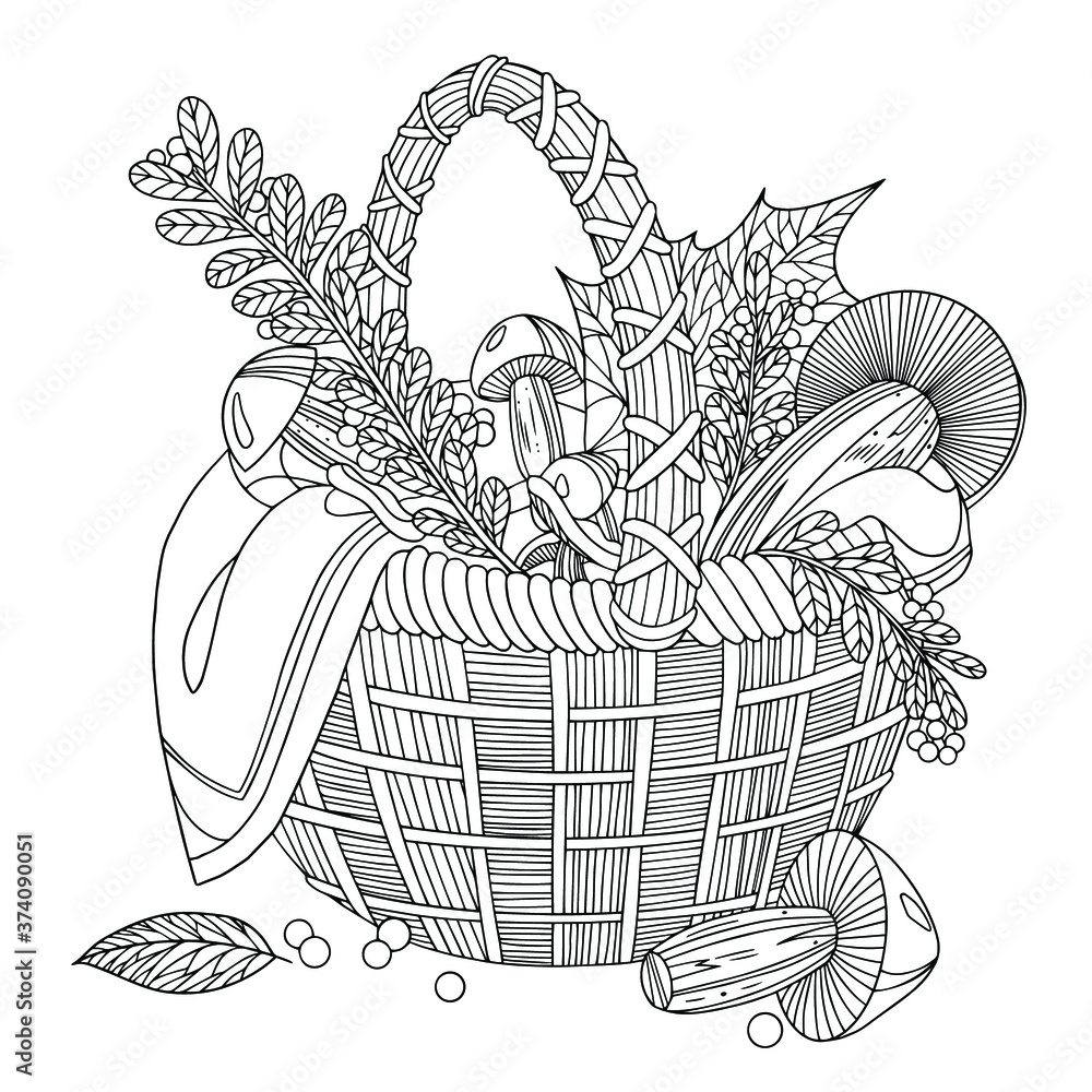 Autumn harvest coloring book mushrooms berries and leaves in wicker basket fall vector illustration for print poster design coloring books line art with doodles vector