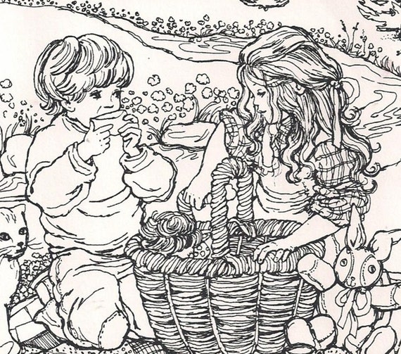 Adult coloring page children having a picnic at the creek instant printable download a picture to color or frame detailed pen drawing