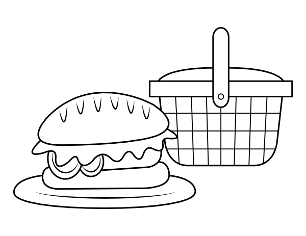 Printable picnic basket and sandwich coloring page