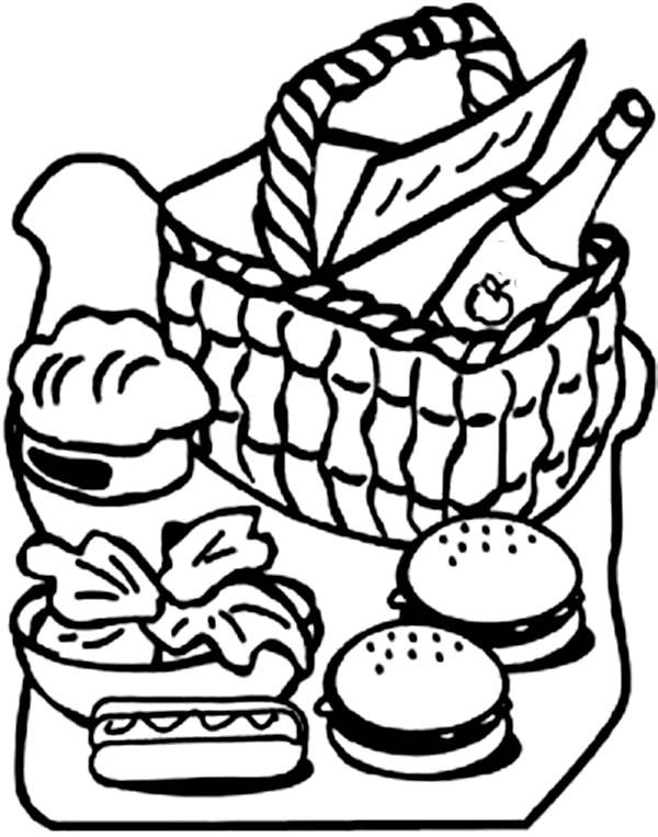 Picnic basket full of food coloring page