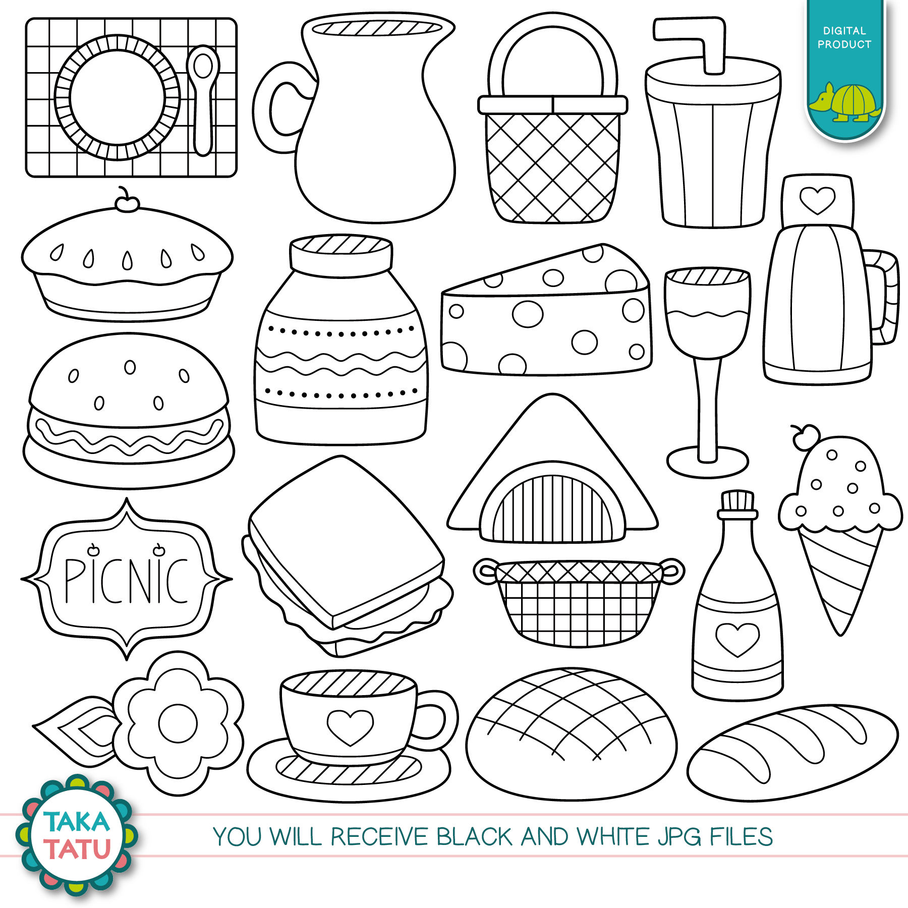 Picnic doodles digital stamp pack picnic clip art picnic