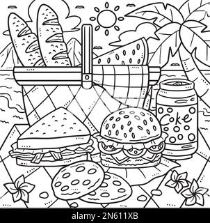 Summer picnic food by the shore coloring page stock vector image art