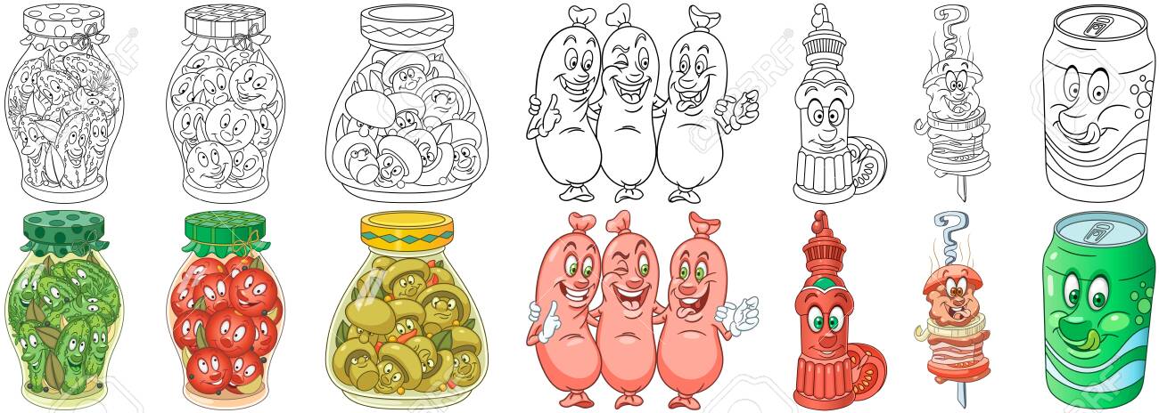 Cartoon homemade and picnic food collection coloring pages and colorful designs for coloring book t