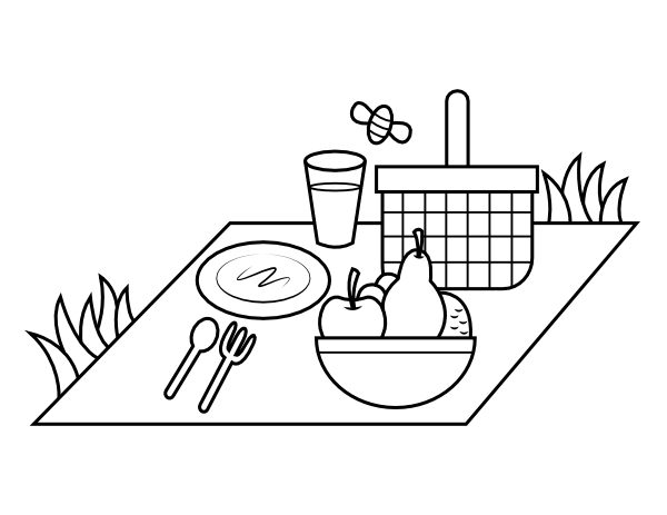 Printable picnic blanket with food and basket coloring page