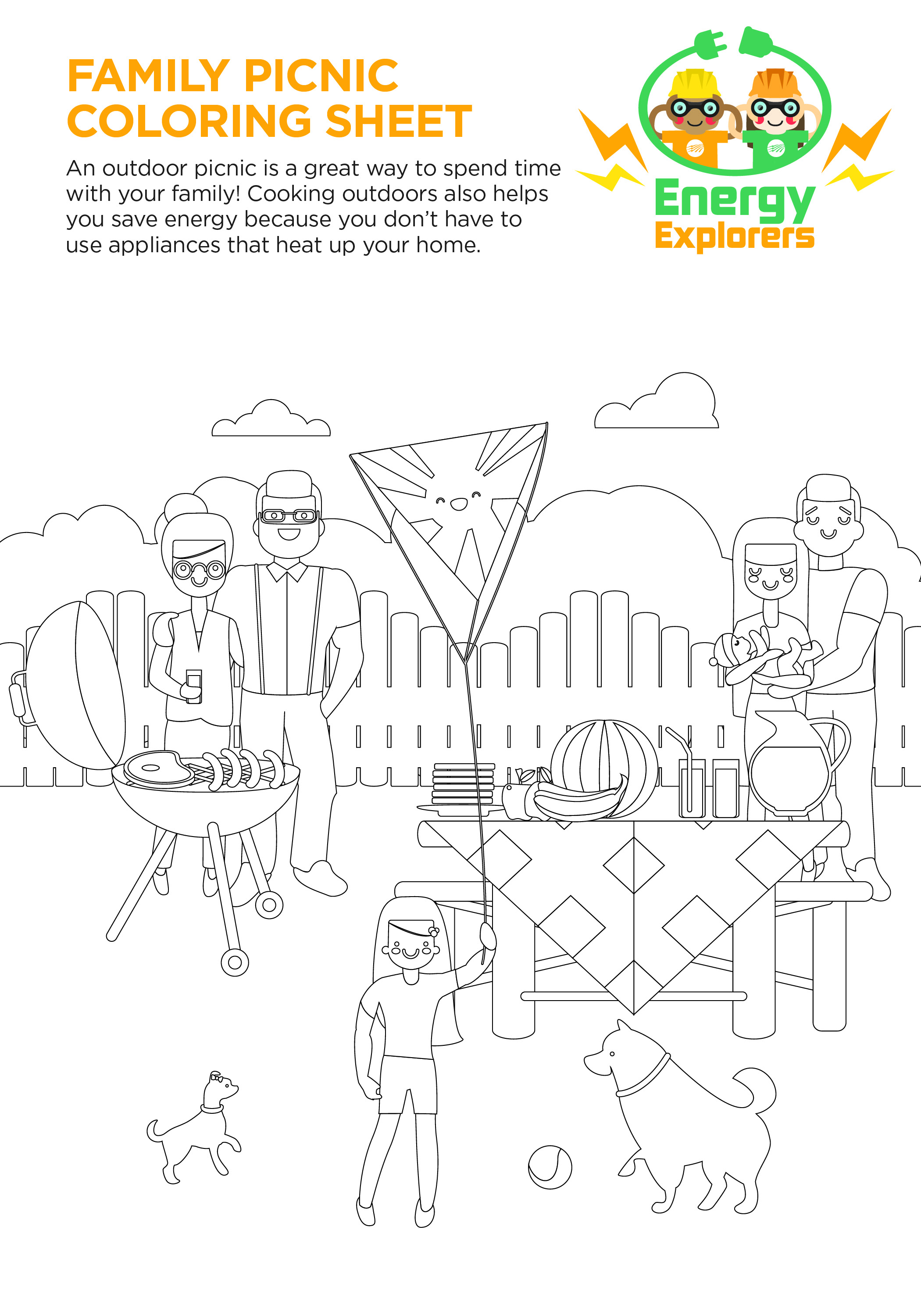 Mienergy coop on x hey energy explorers here is a family picnic coloring sheet cooking outdoors helps you save energy because you dont have to use appliances that heat up your home