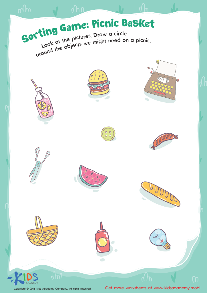 Picnic basket sorting worksheet free printable pdf for children