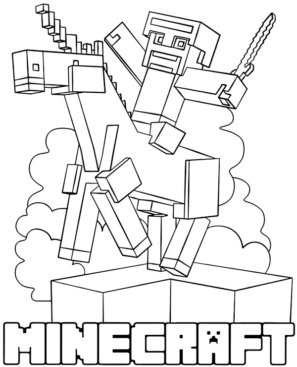 Minecraft coloring page with horse rider