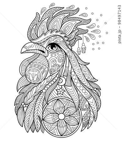 Rooster head adult antistress coloring page vector