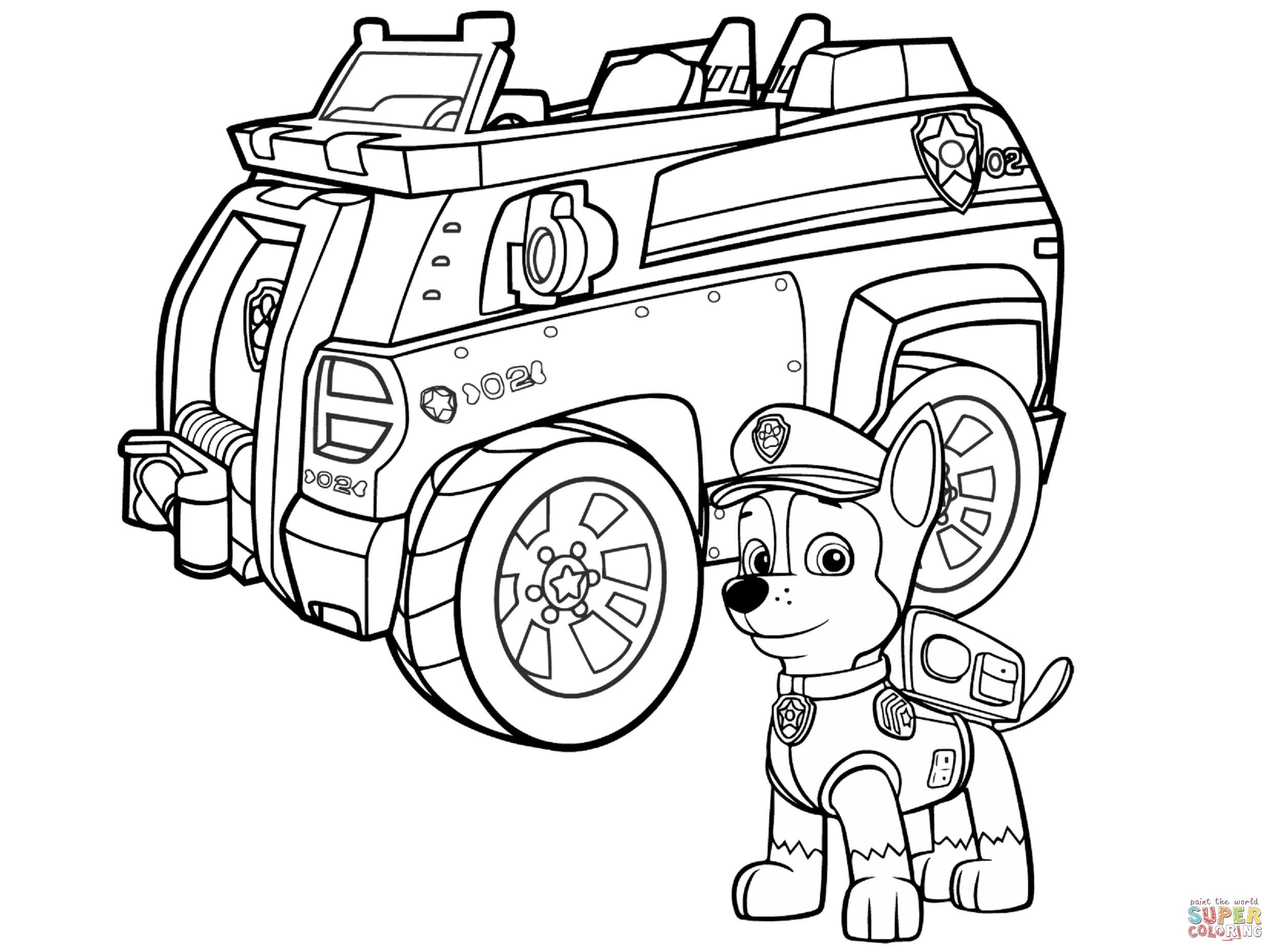 Paw patrol chase police car coloring page free printable coloring pages