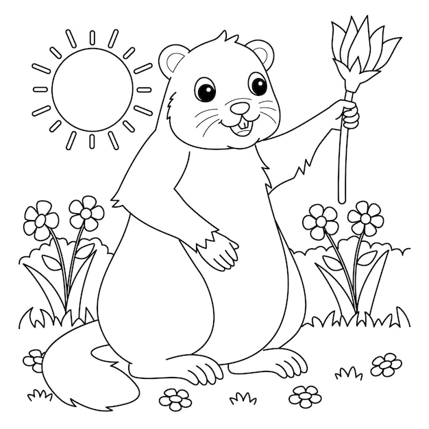 Premium vector groundhog holding flower coloring page for kids