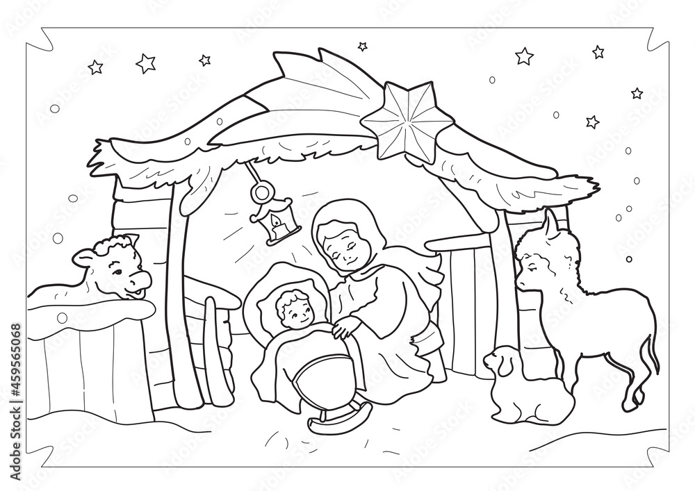 Christmas religious nativity scene coloring pages vector