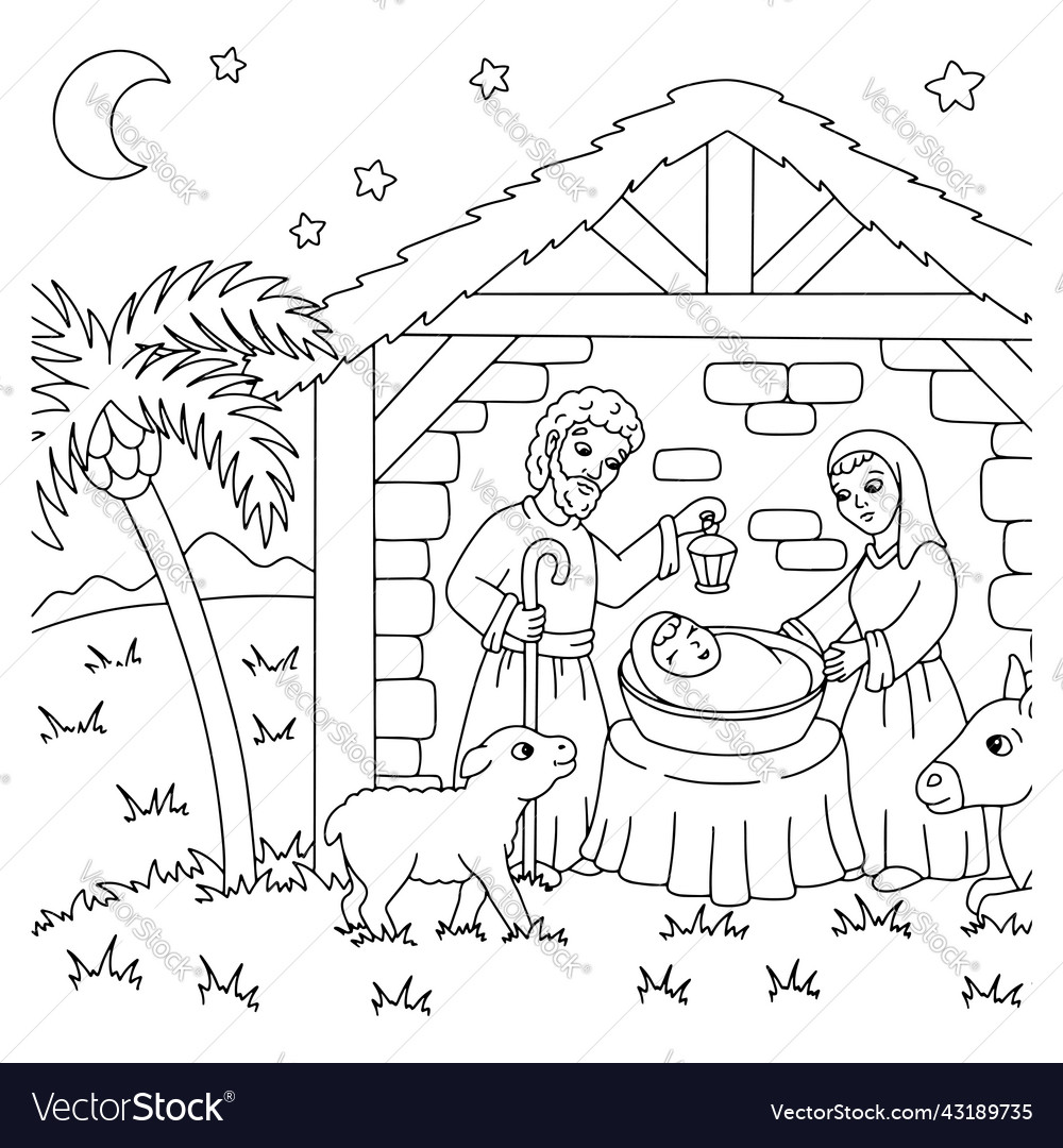 Nativity scene coloring book page for kids vector image