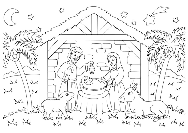 Premium vector nativity scene coloring book page for kids