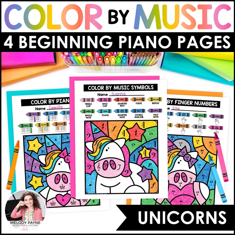 Unicorns beginning piano coloring pages for first piano lessons