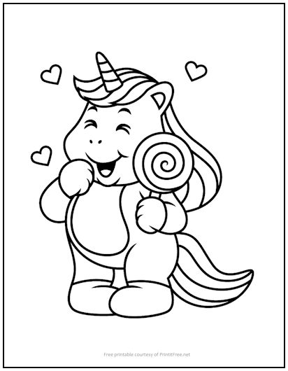 Unicorn with candy coloring page print it free