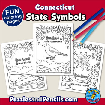 Connecticut symbols coloring pages with map and state flag state symbols