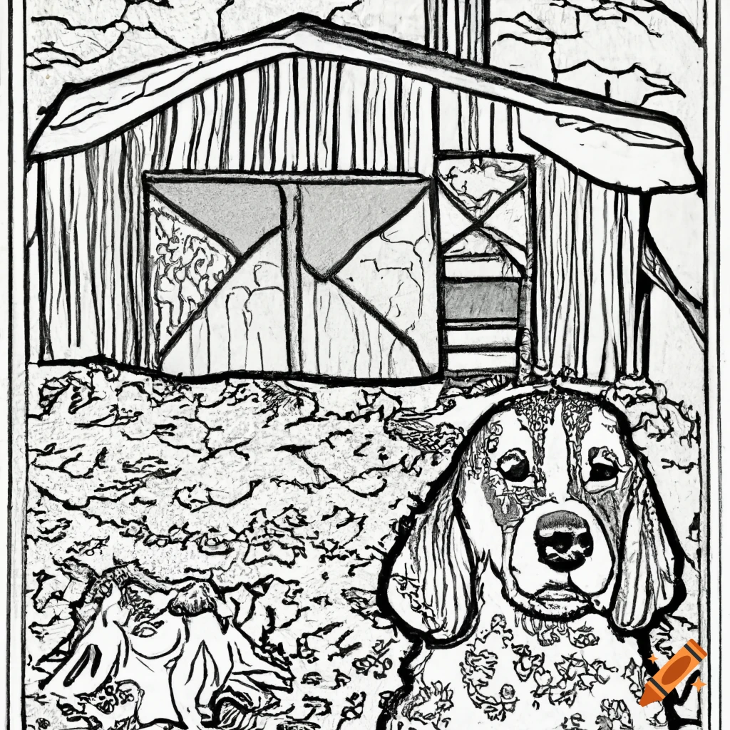 Coloring page of dogs on a farm on