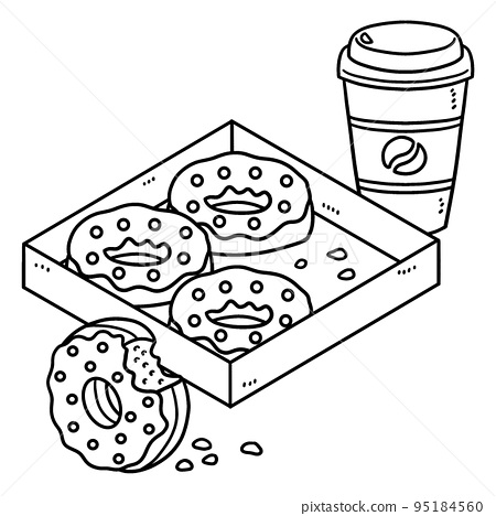 Box of donuts and coffee isolated coloring page