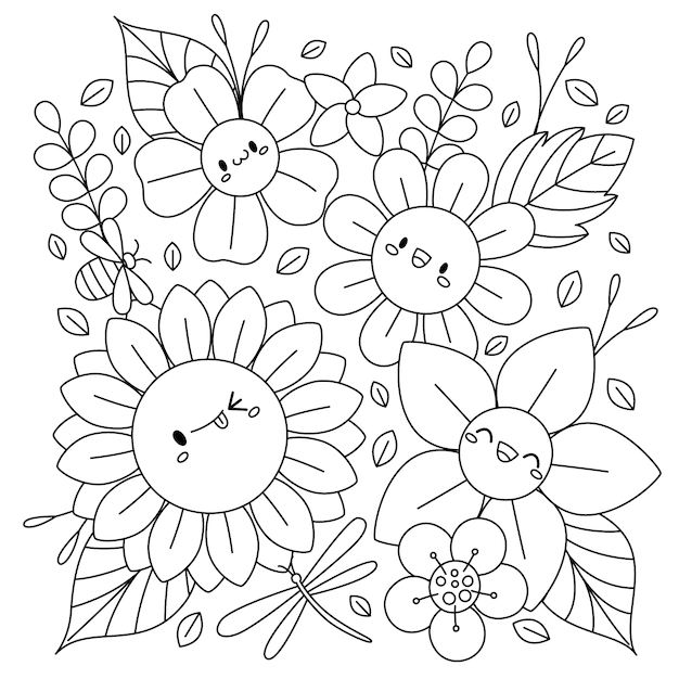 Free vector hand drawn flowers coloring book illustration