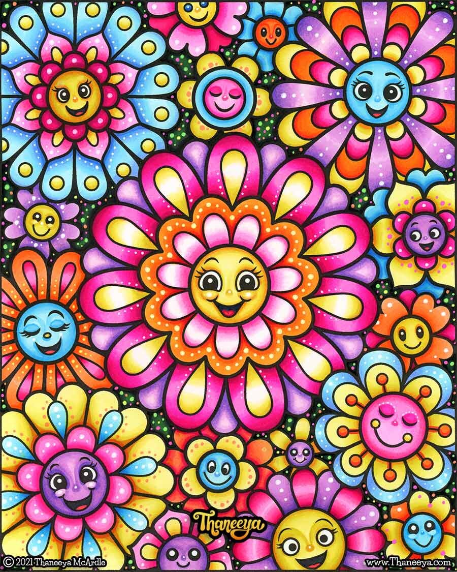 Happy flowers coloring pages