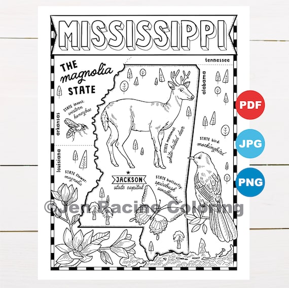 Mississippi coloring page united states state map wildlife state symbols flowers coloring pages