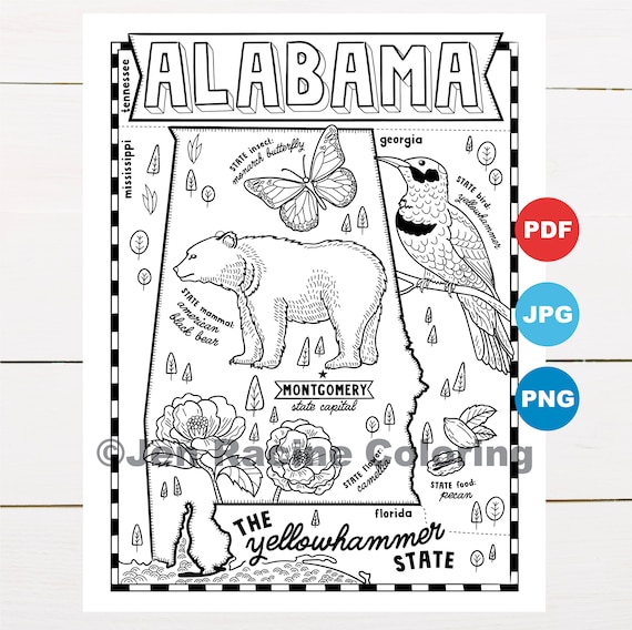 Alabama coloring page united states state map wildlife state symbols flowers coloring pages