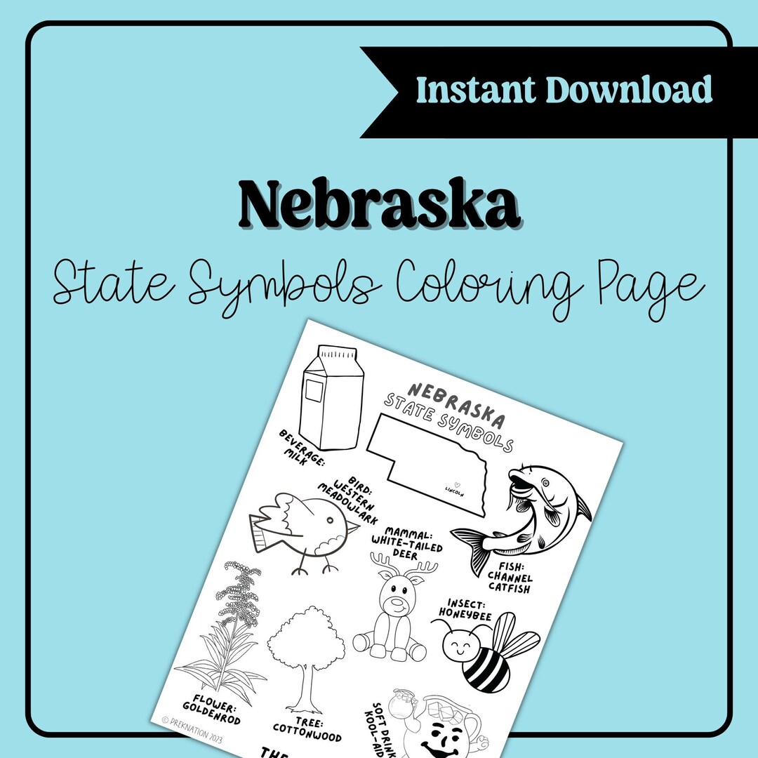 Instant download nebraska state symbols coloring page