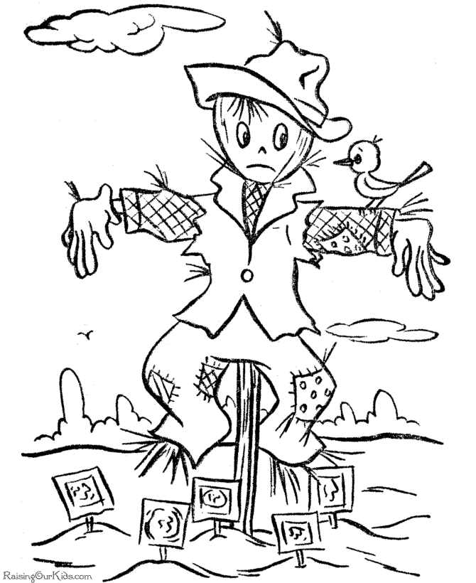 Funny scarecrow coloring page with bird