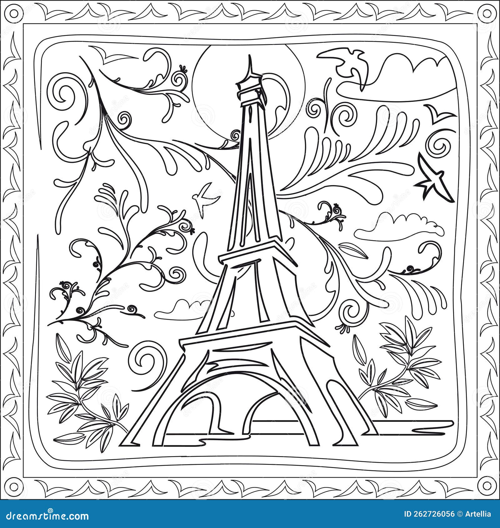 Coloring page drawing of the eiffel tower in paris with foliage and frame black and white stock vector