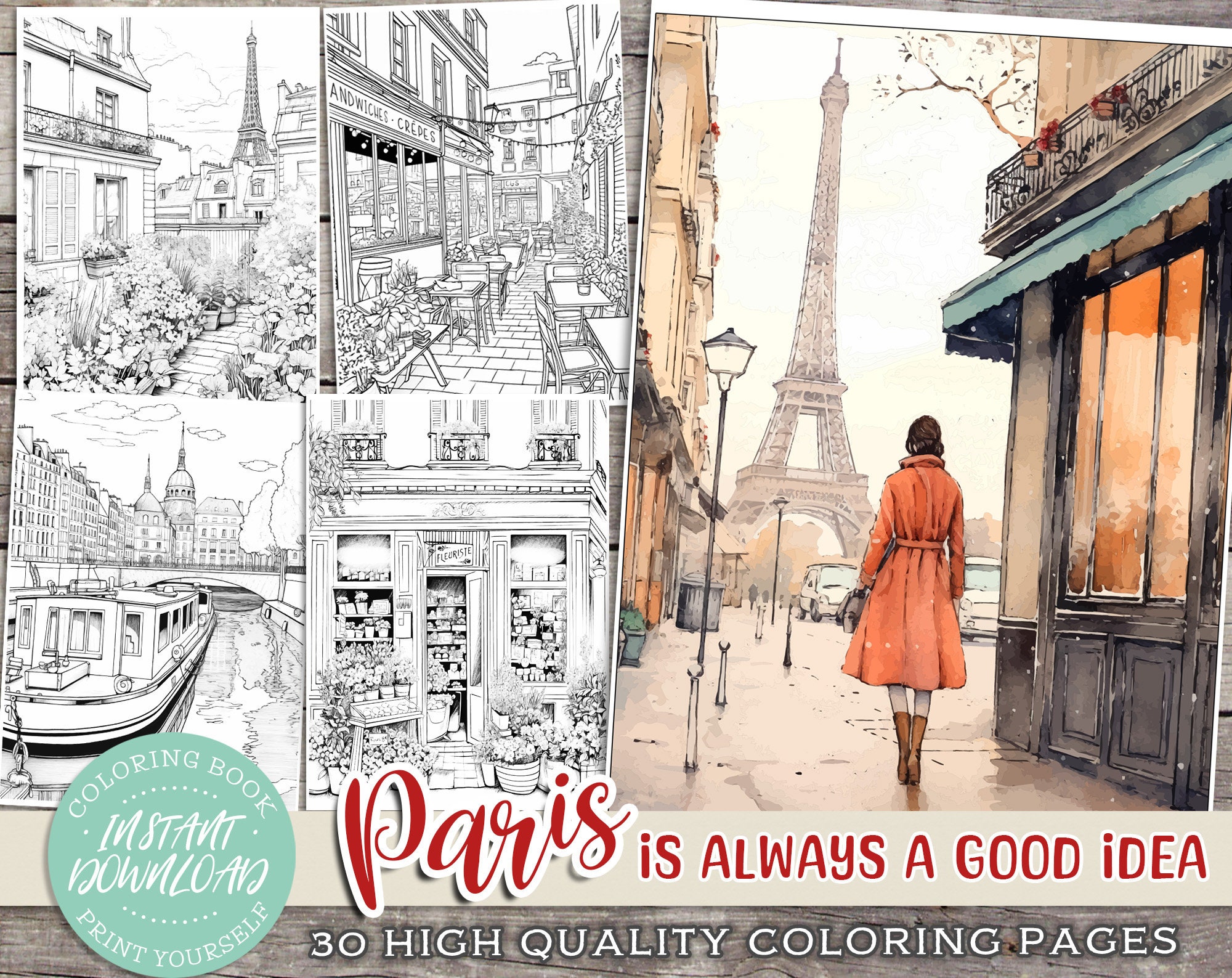 Paris coloring book instant download eiffel tower shops cafes printable pdf sheets adult kids colouring pages relaxation streets