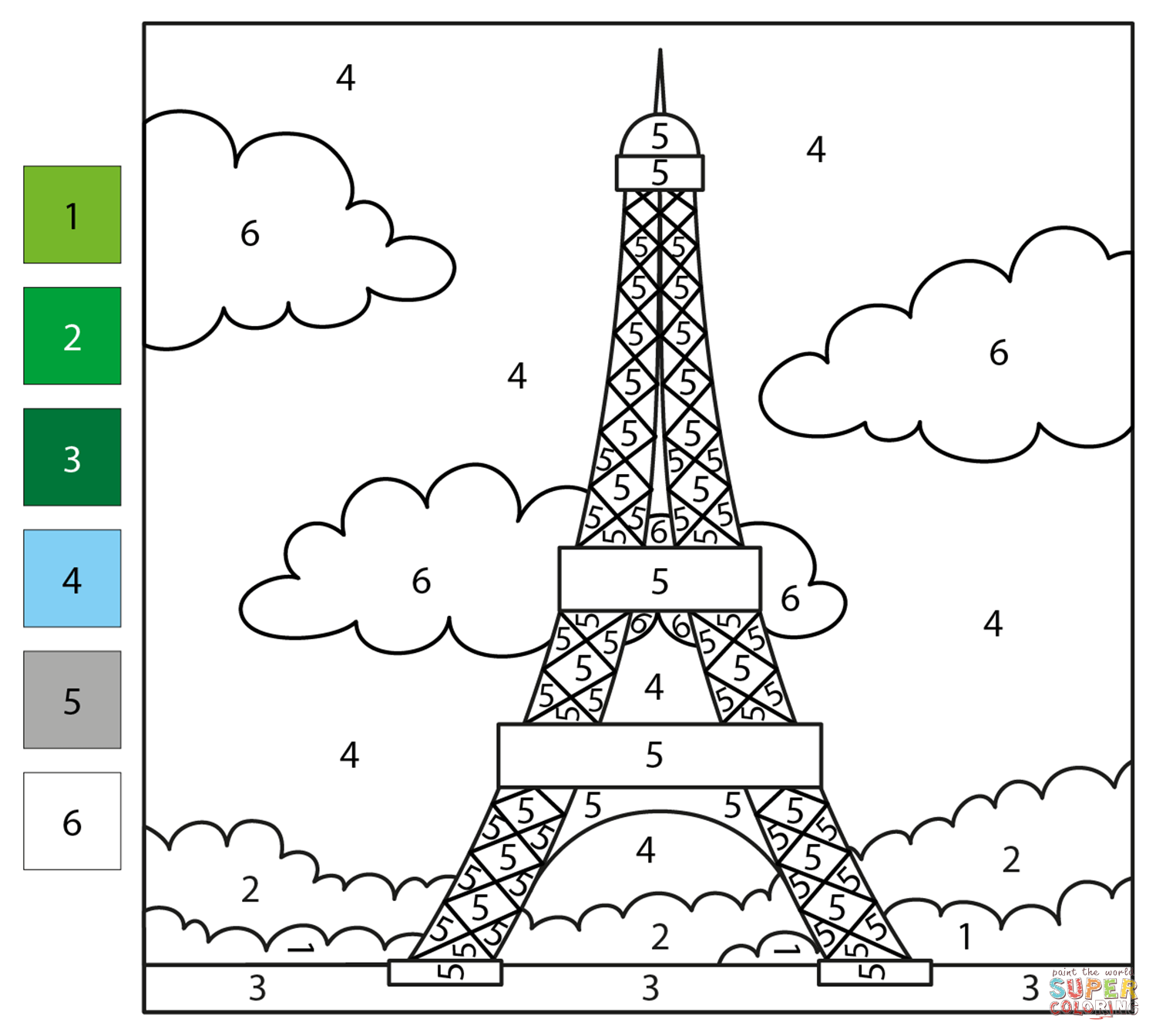 Eiffel tower color by number free printable coloring pages