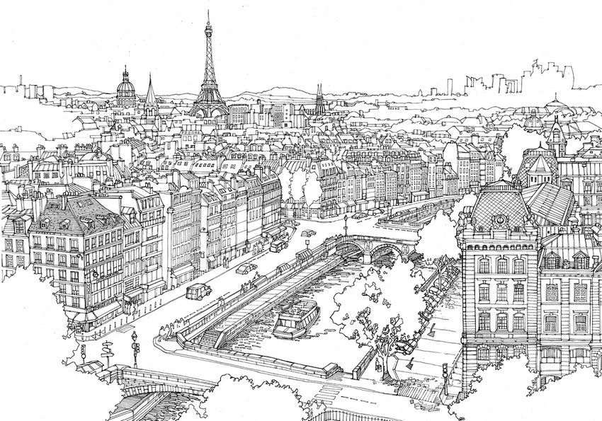 Art therapy coloring page paris seine and eiffel tower